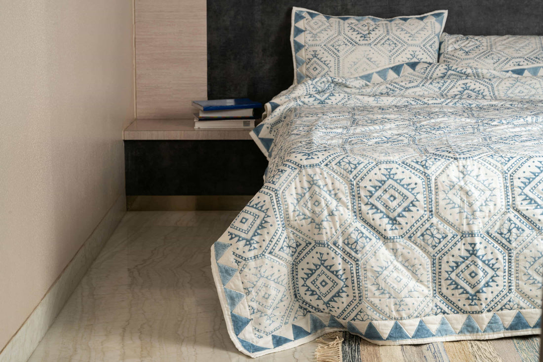Handcrafted Block Print Quilted Cotton Bedcover Set - Diamond Pattern