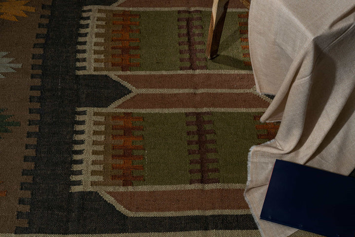 Artisan Handwoven Wool Jute Rug | Geometric Moroccan Kilim | Earthy Olive, Charcoal & Natural