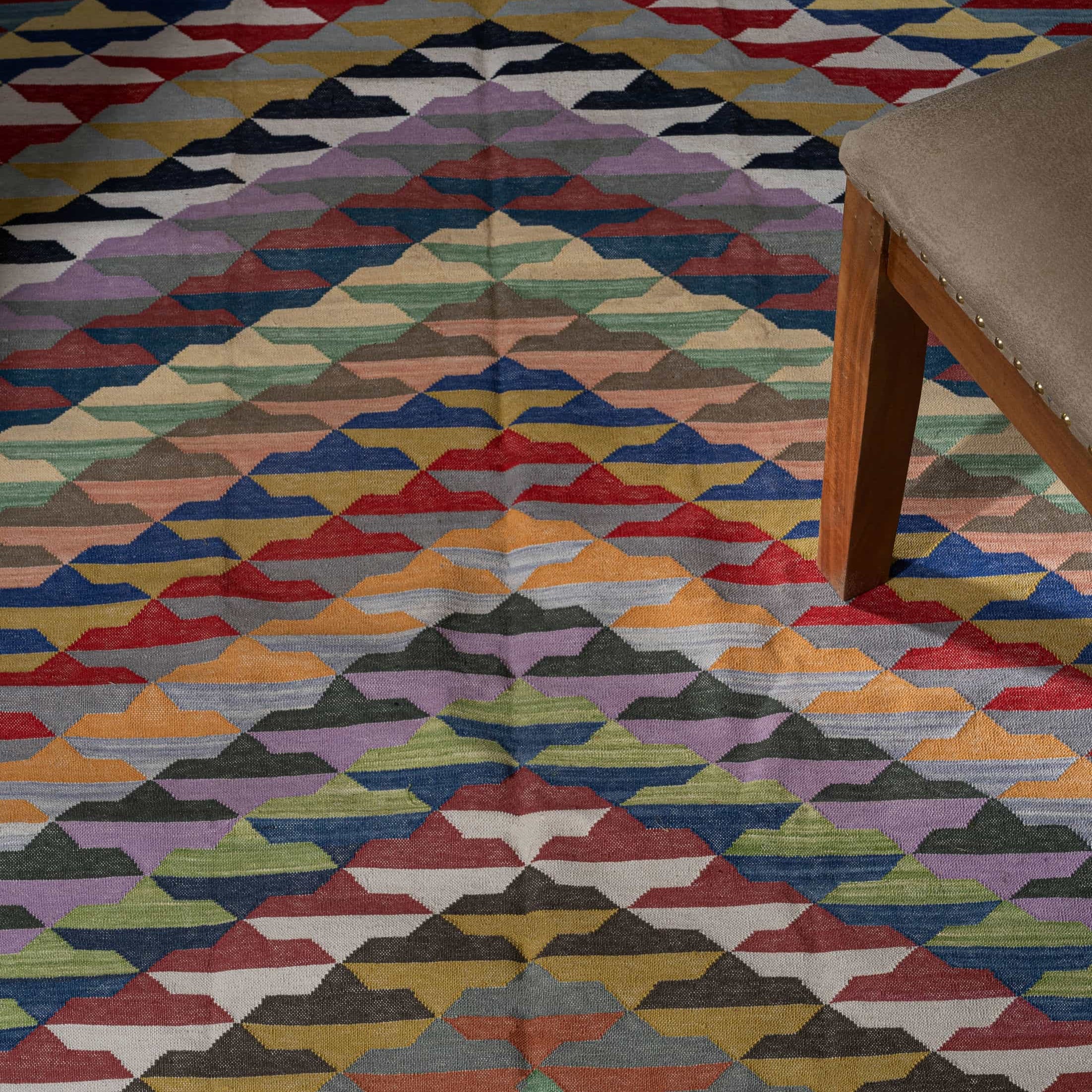 Handwoven Cotton Wool Rug – Multicolour Chevron Mosaic