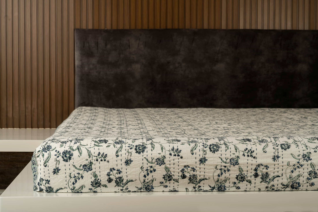 Indigo Floral Hand-Quilted Bedspread