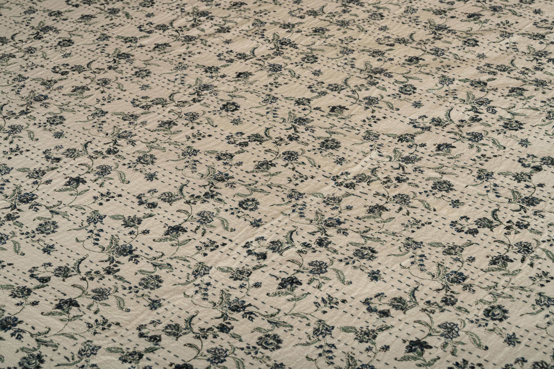 Indigo Floral Hand-Quilted Bedspread