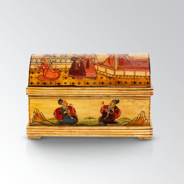 Domed bone musician box featuring hand-painted royal Rajasthani court scenes.