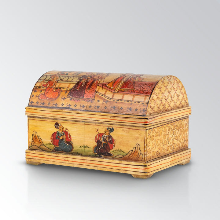 Wood/Composite Miniature Painted Domed Chest with Courtly Scenes