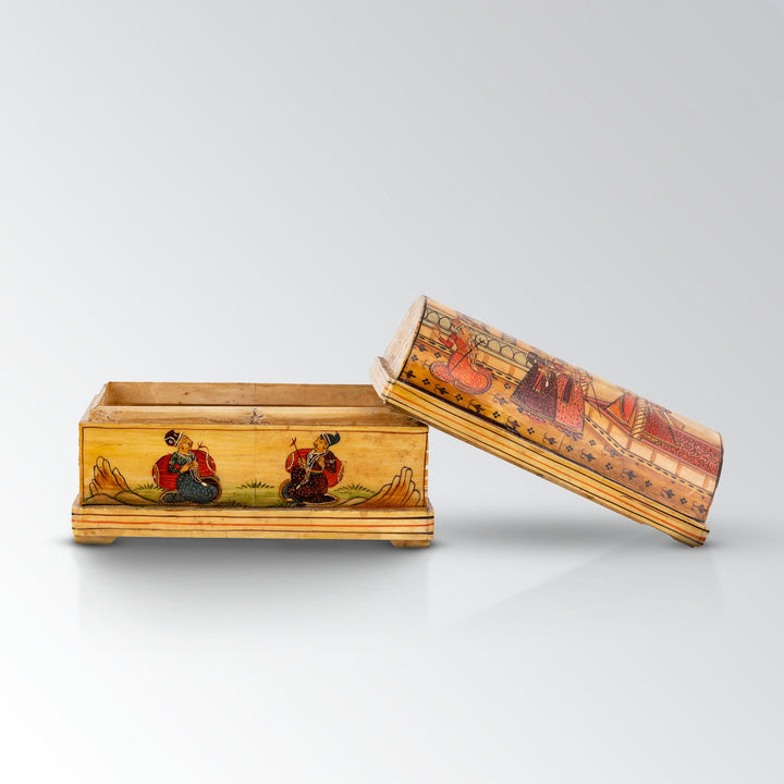 Wood/Composite Miniature Painted Domed Chest with Courtly Scenes