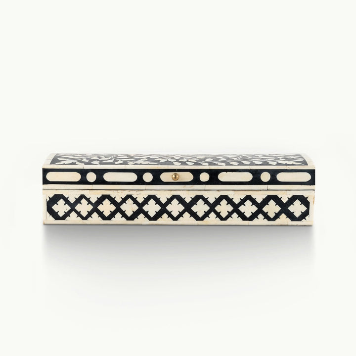 Rectangular black bone inlay box featuring intricate botanical and geometric patterns.