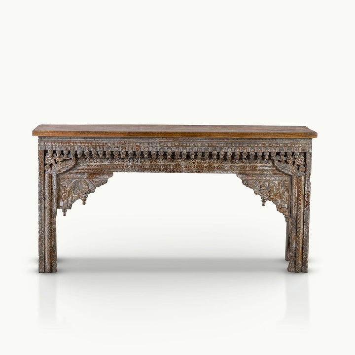 Distressed mango wood console table featuring whitewashed floral corbels.