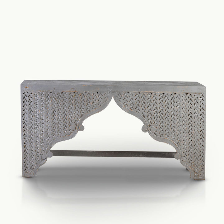 Grey carved mango wood console featuring a pierced geometric lattice and scalloped central arch.