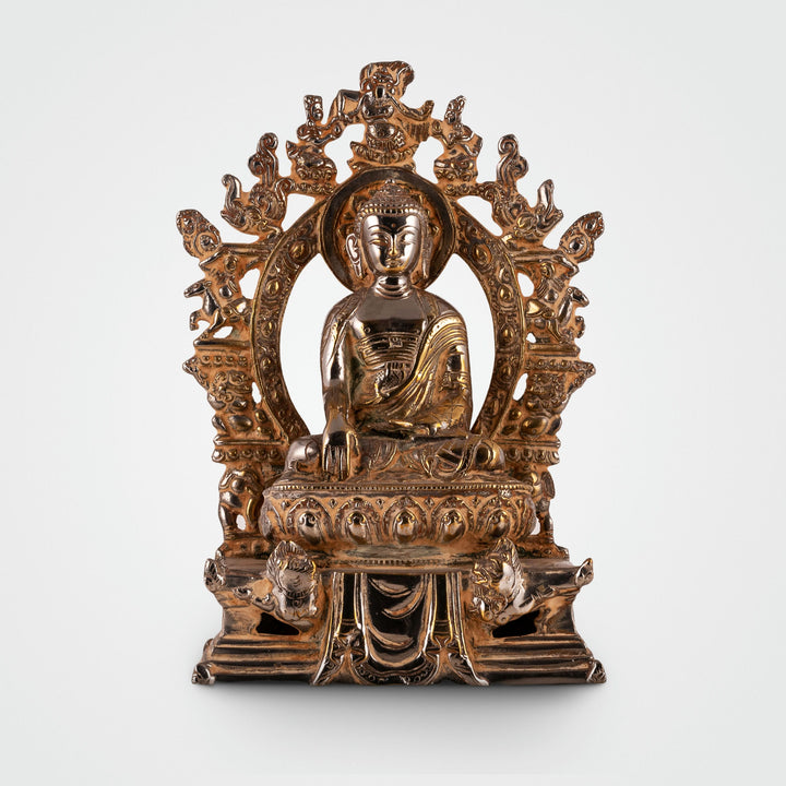 Dual-Tone Brass Buddha Statue in Bhumisparsha mudra for a meditation room centerpiece. 