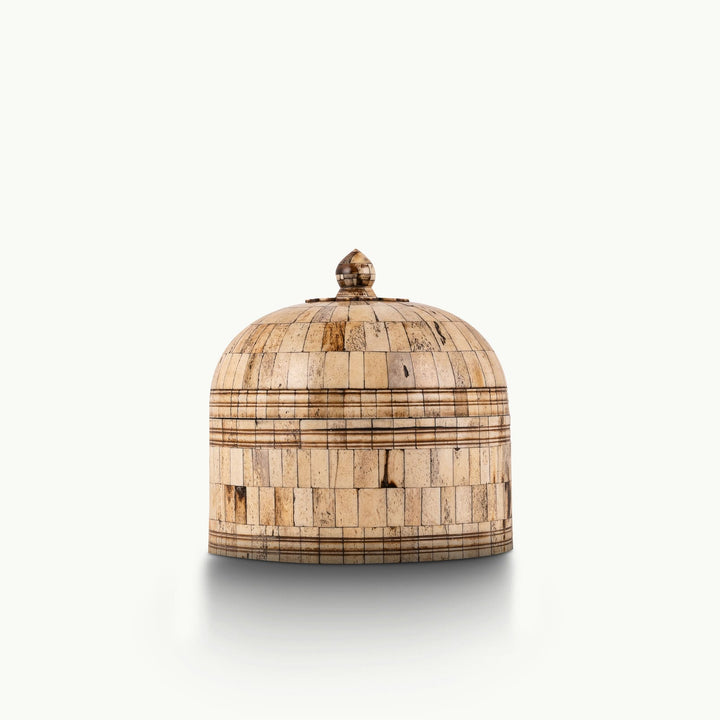Natural Bone Inlay Round Box structured with horizontal banding for a walnut sideboard.