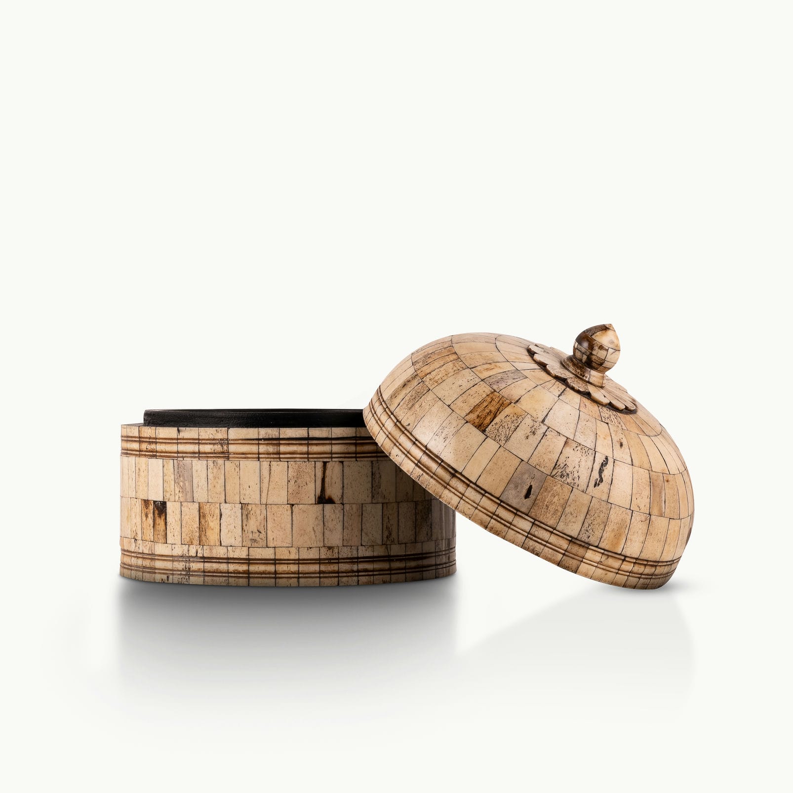 Natural Bone Inlay Round Box structured with horizontal banding for a walnut sideboard.