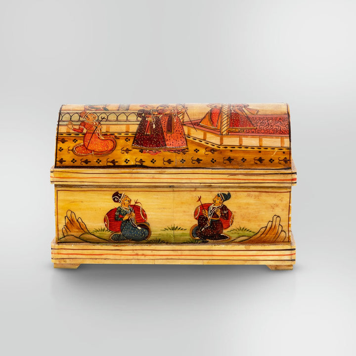 Hand-painted camel bone trunk featuring a royal court scene.