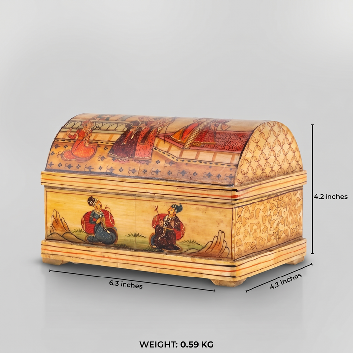 Domed bone musician box featuring hand-painted royal Rajasthani court scenes.