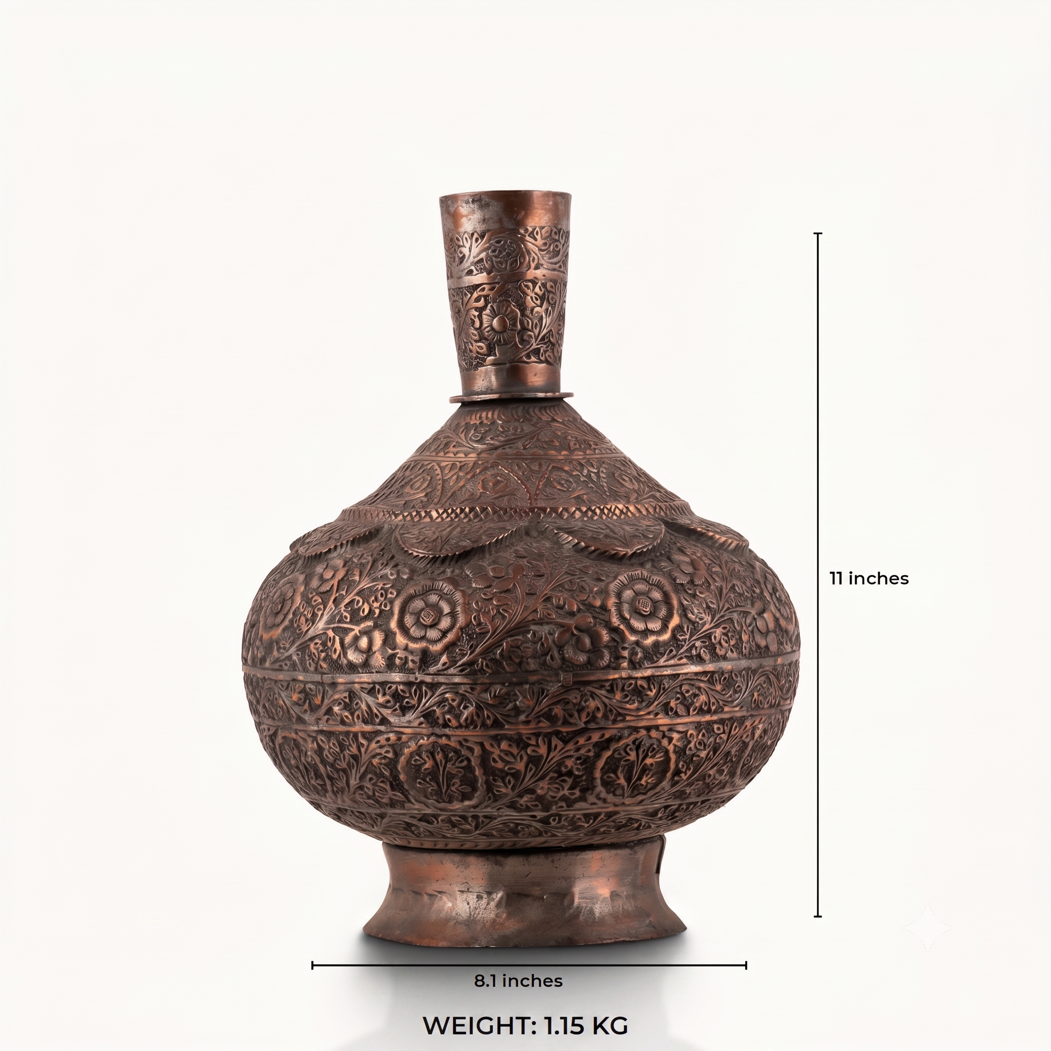 Engraved Copper Surahi Vase decorated for a floating black console.