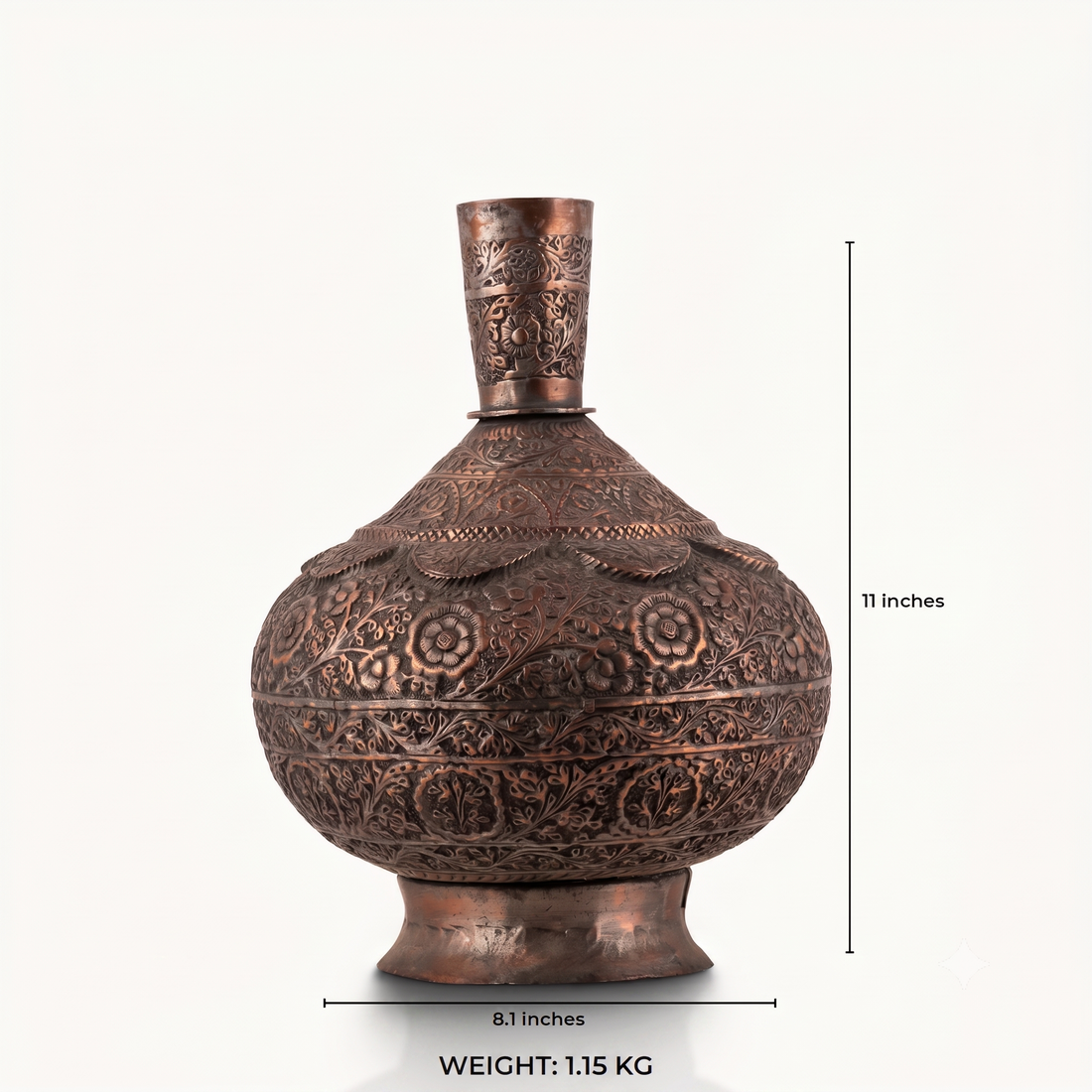 Engraved Copper Surahi Vase decorated for a floating black console.