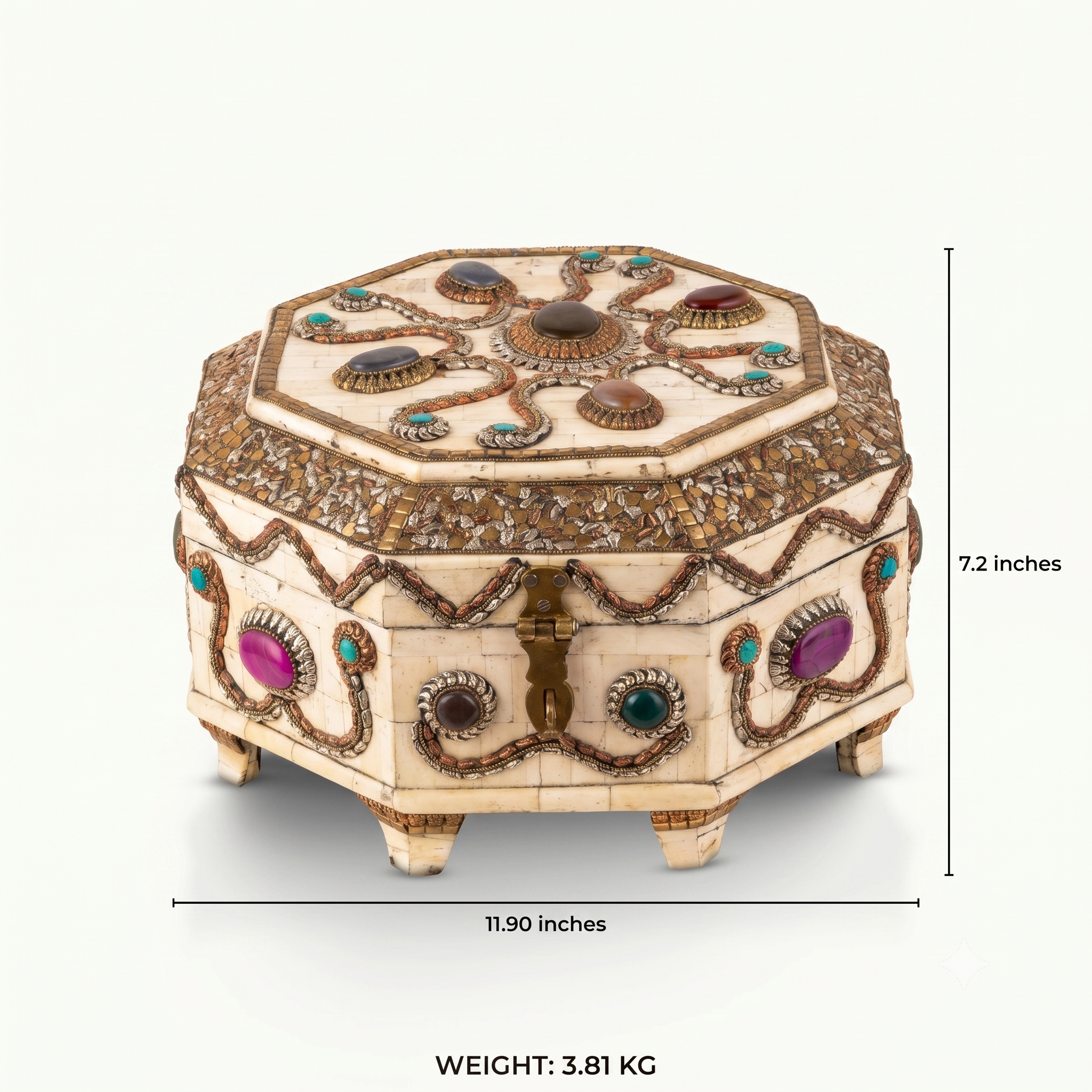 Large Wire Inlay Bone Box adorned with heavy amethyst stones for a mirrored dressing table.