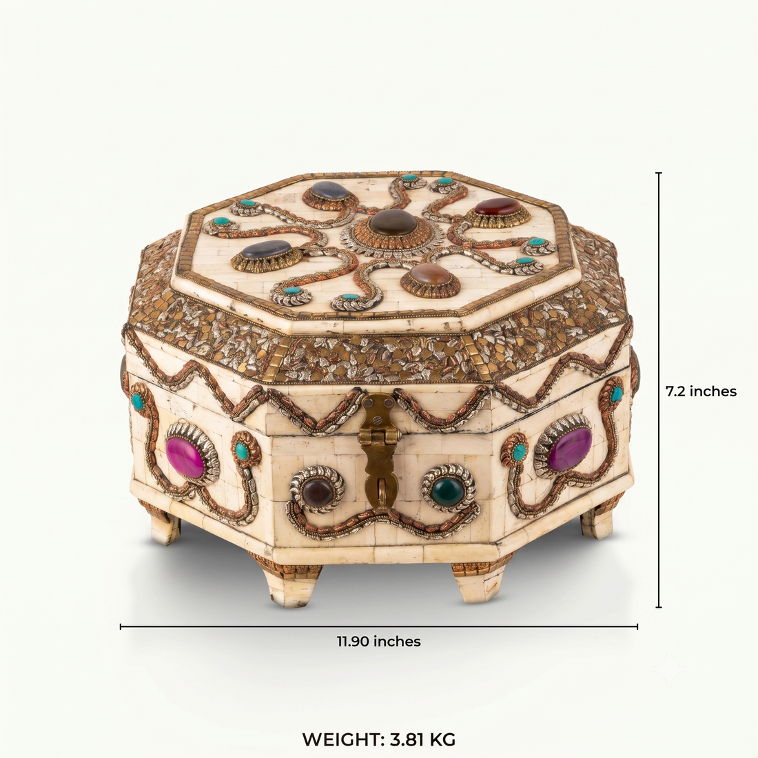 Large Wire Inlay Bone Box adorned with heavy amethyst stones for a mirrored dressing table.