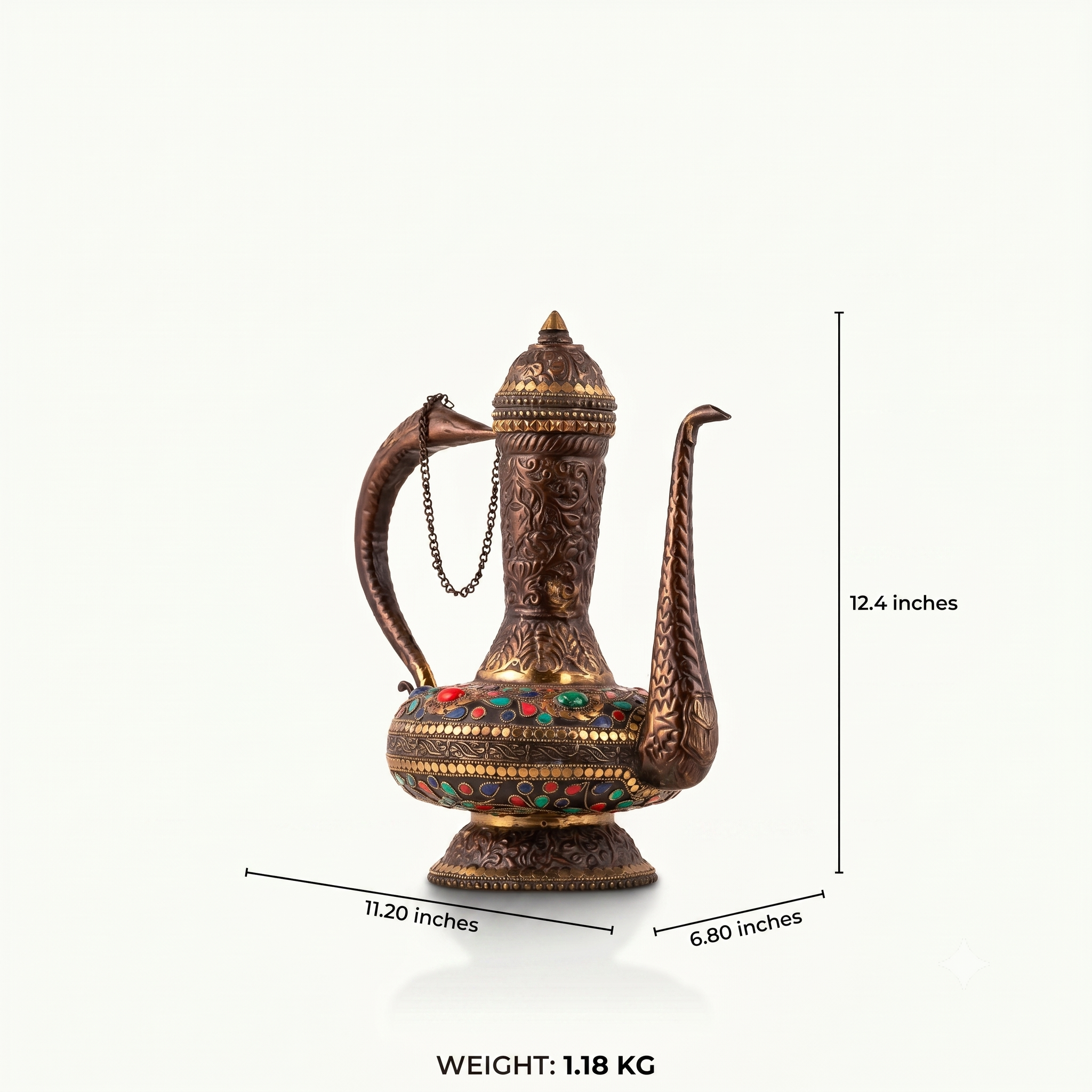 Stone Inlay Antique Brass Ewer featuring a stylized avian handle for a dark walnut sideboard.