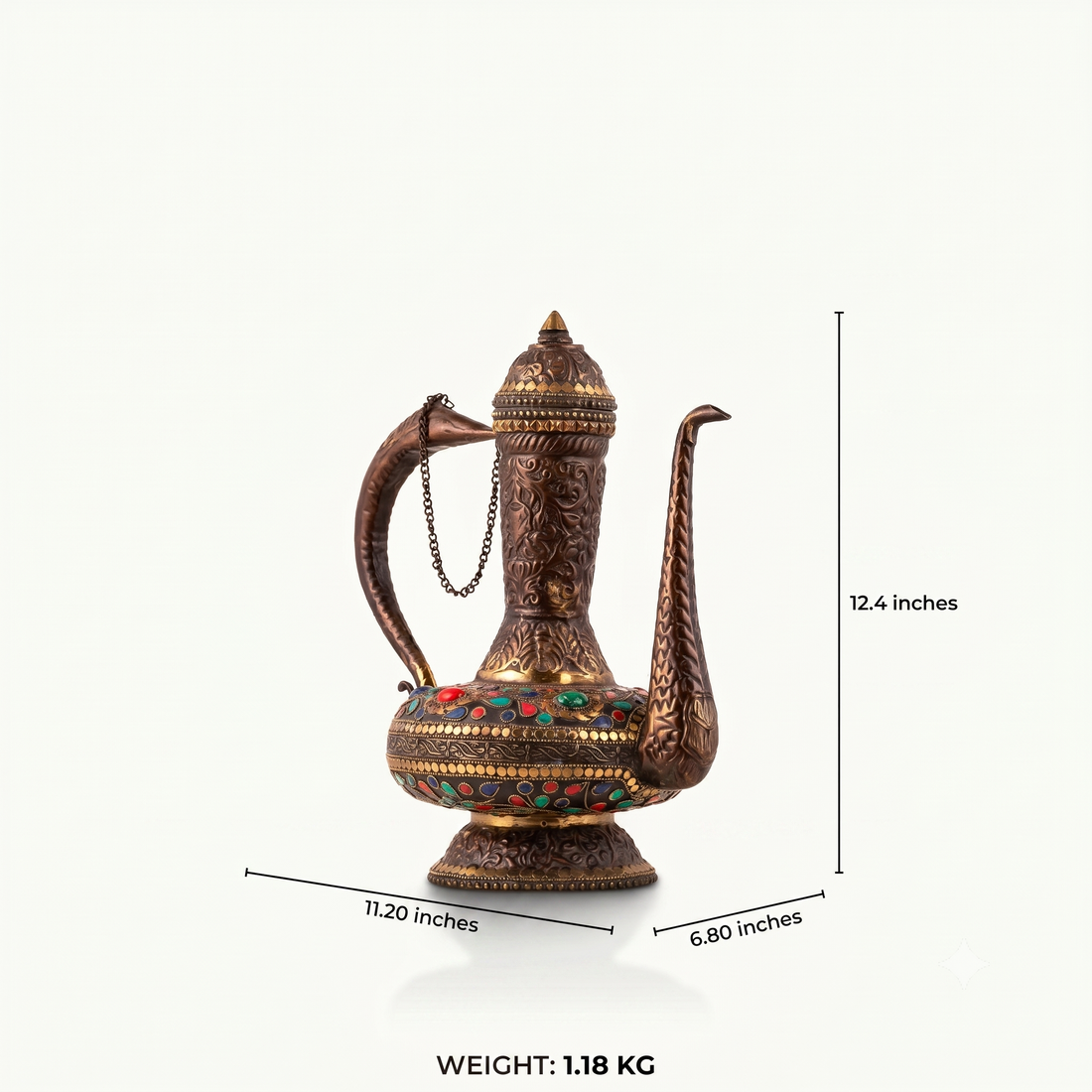 Stone Inlay Antique Brass Ewer featuring a stylized avian handle for a dark walnut sideboard.