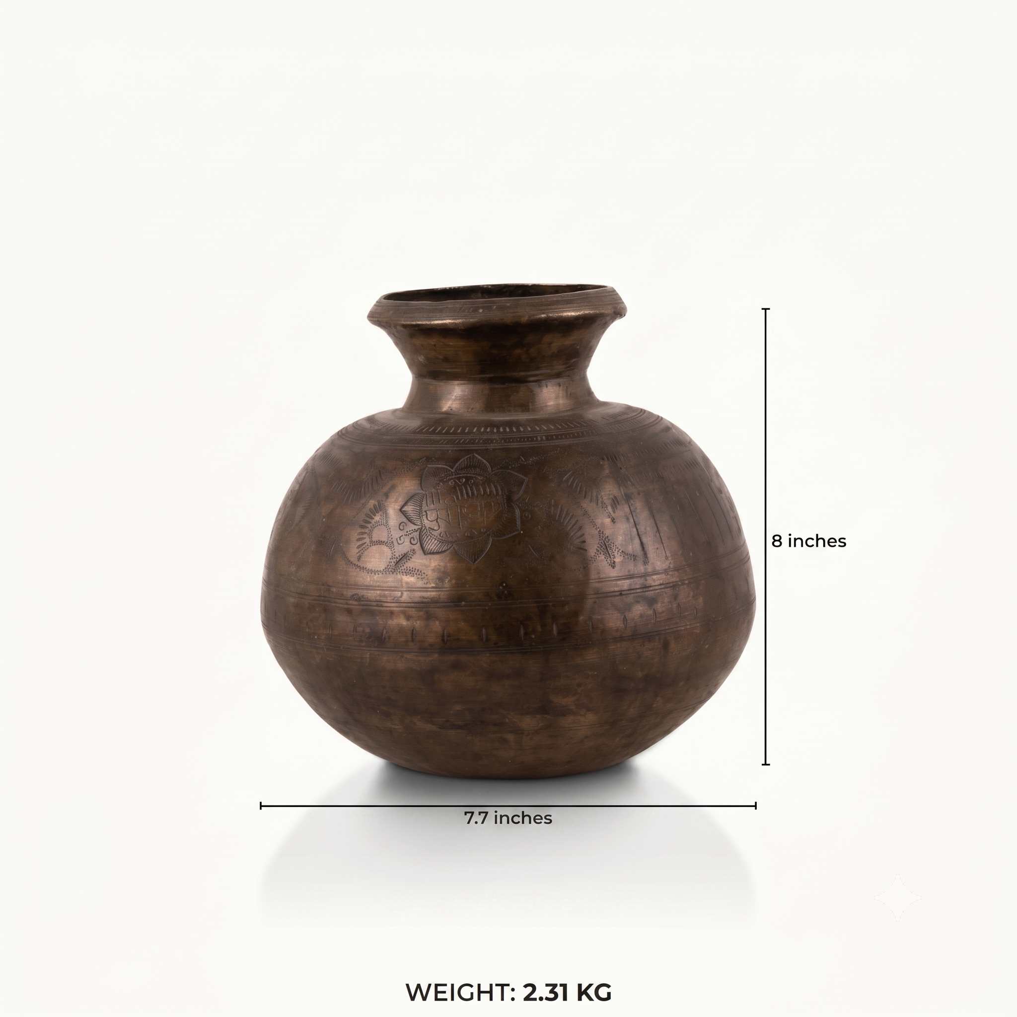 Engraved Antique Brass Water Pot chased for a rustic wooden console.