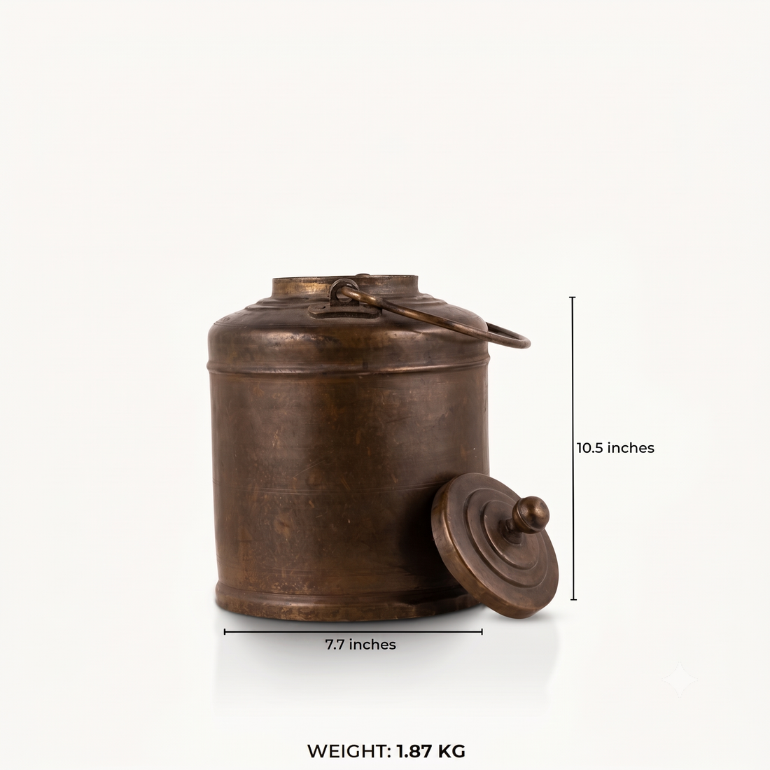 Antique Brass Canister with Handle and a drop-in lid for a reclaimed wood sideboard.