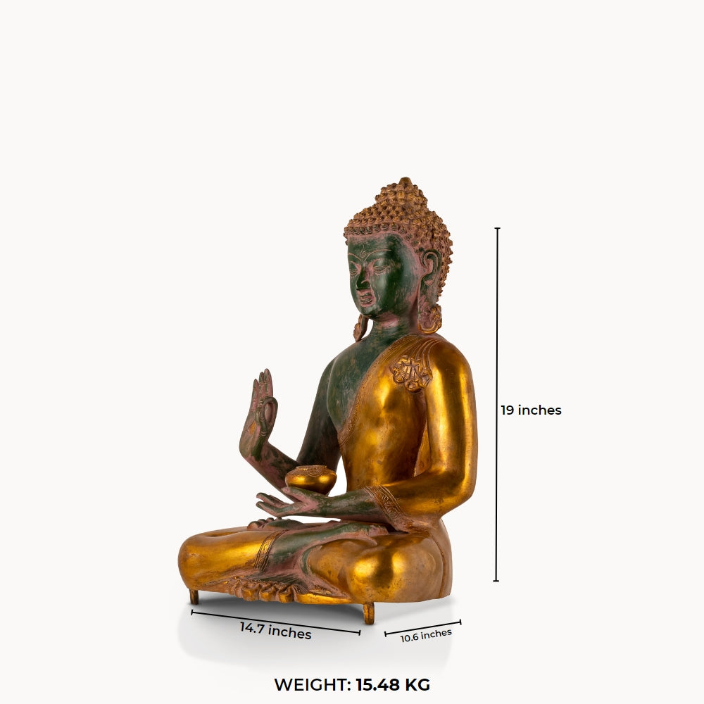 Green Dual-Tone Brass Buddha displaying the Abhaya mudra for an expansive living room.