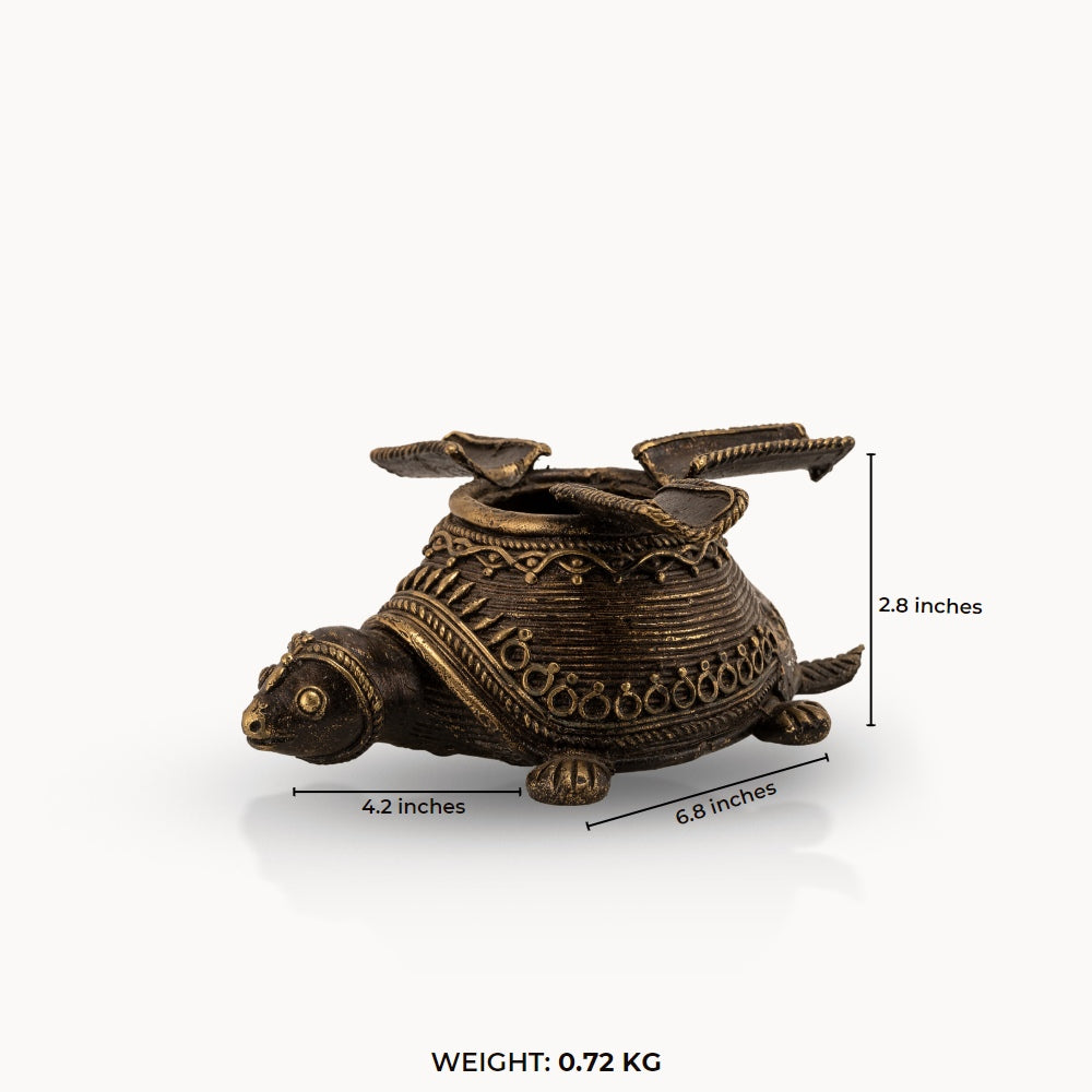 Dhokra Brass Turtle Ashtray featuring three hinged rests on a coffee table. 