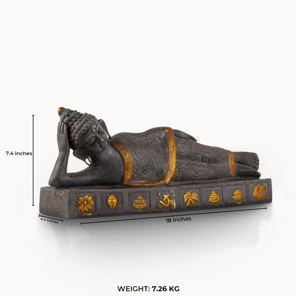 Dual-Tone Reclining Buddha Statue resting on a carved plinth for a meditation console.