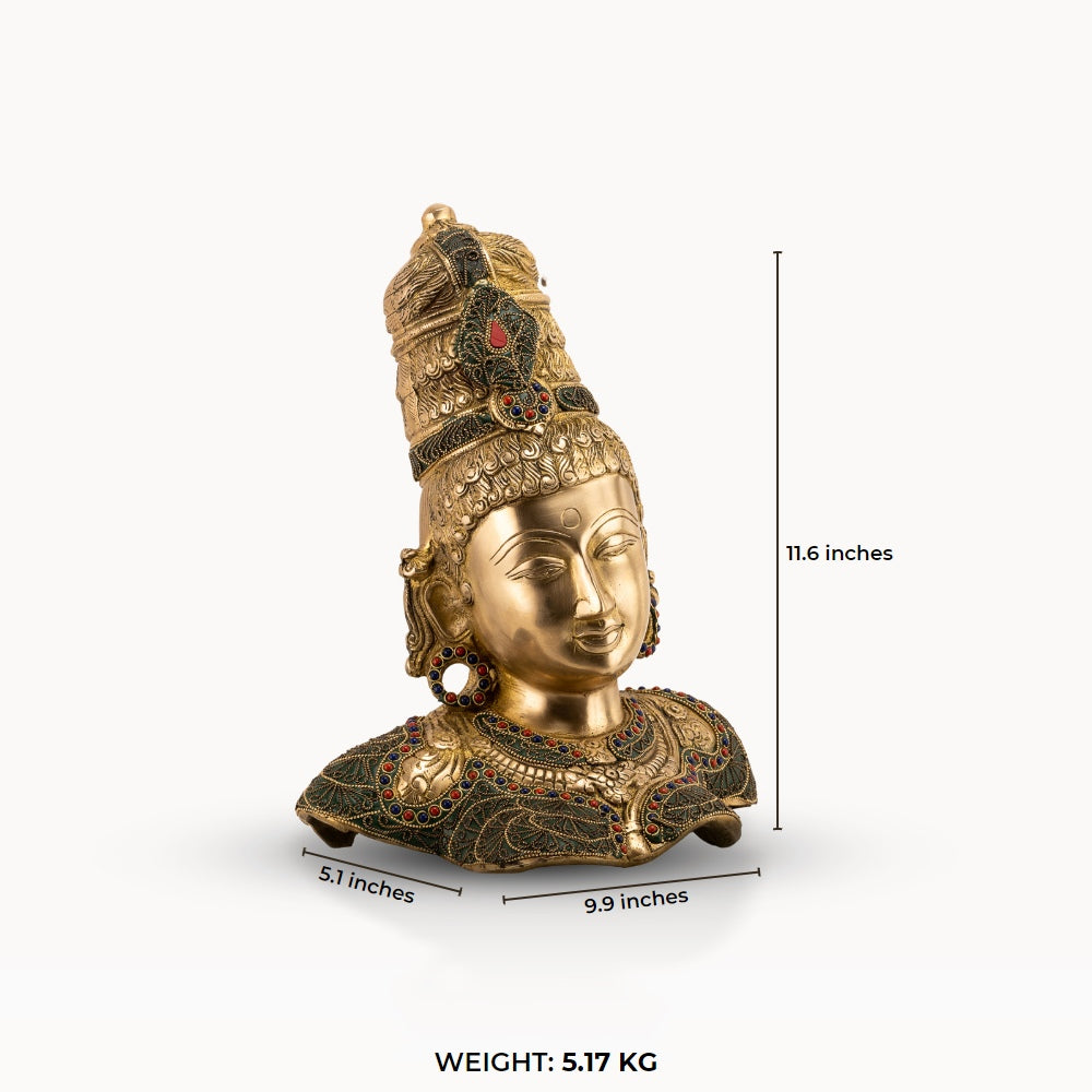 Stone Inlay Brass Goddess Sculpture functioning as a regal centerpiece on an entryway console. 