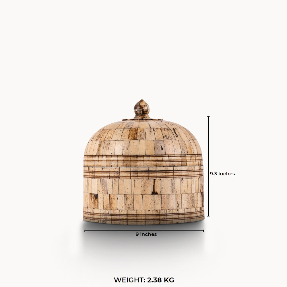 Natural Bone Inlay Round Box structured with horizontal banding for a walnut sideboard.
