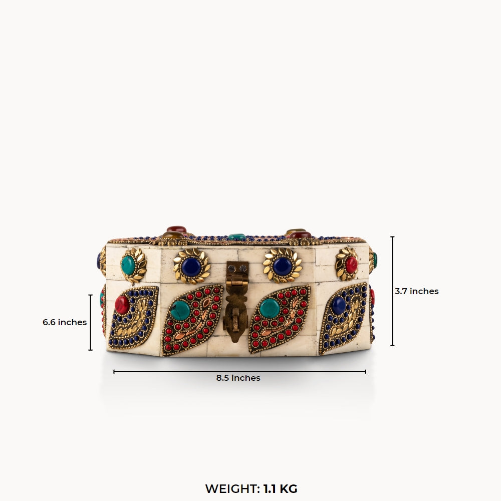 Stone Inlay Camel Bone Box studded with vibrant cabochons for a mirrored dressing table.
