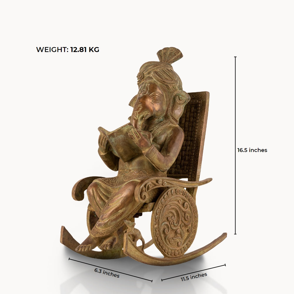 Antique Brass Rocking Chair Ganesha Idol: The Sovereign Scholar