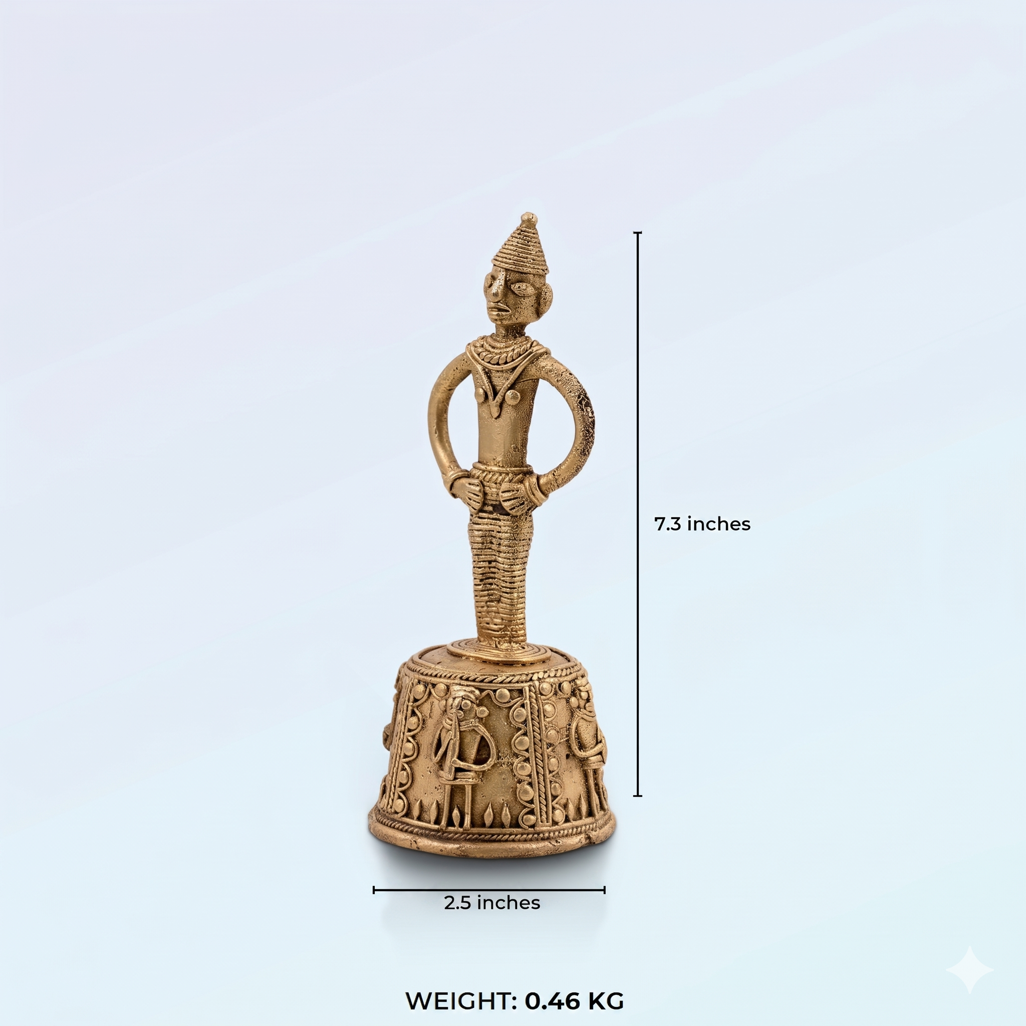Dhokra brass figure bell featuring a stylized tribal man atop a wire-bound ceremonial dome.