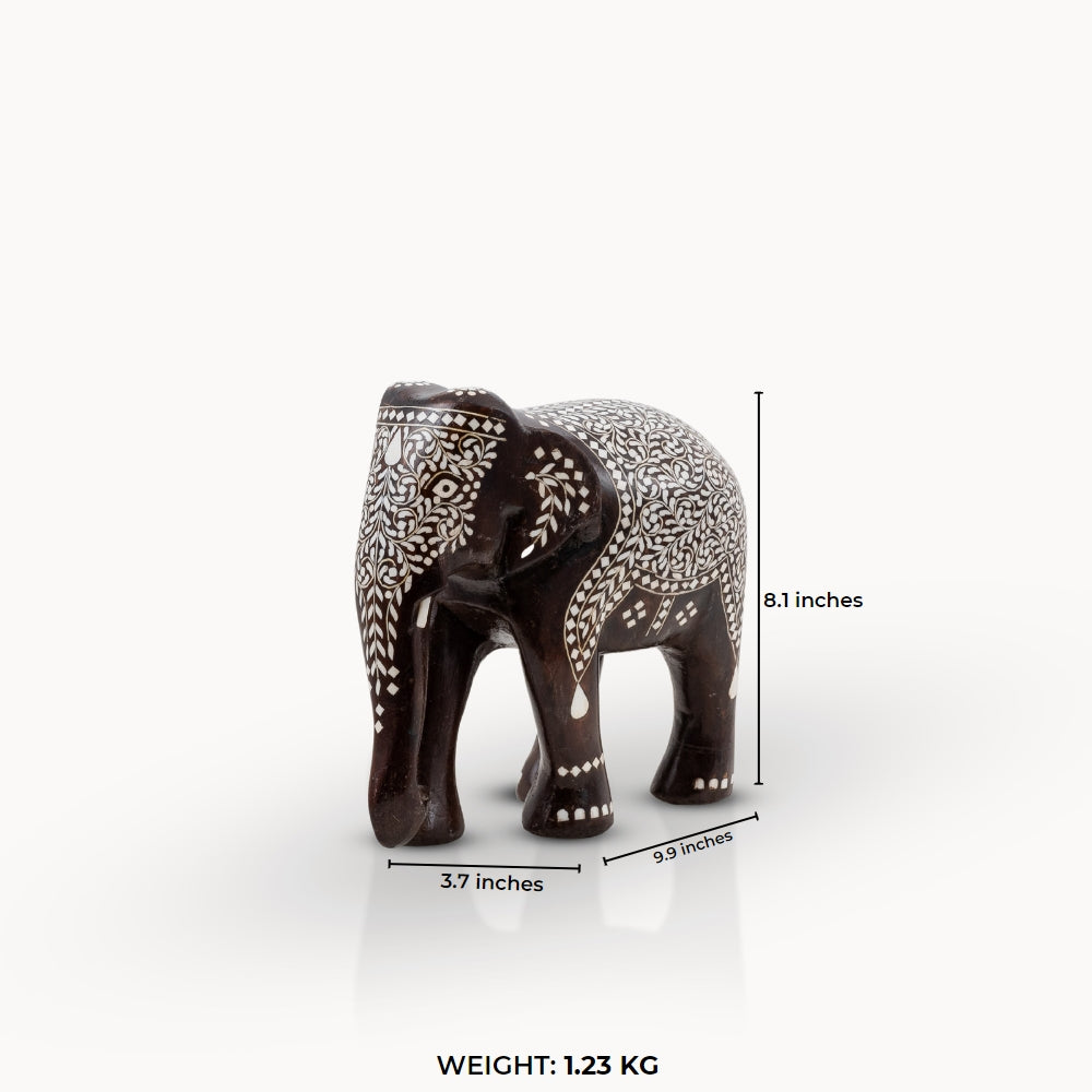 Dark Wood & Bone/Resin Inlay Elephant with Ceremonial Blanket Pattern