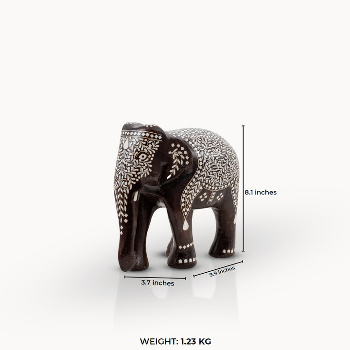 Dark Wood & Bone/Resin Inlay Elephant with Ceremonial Blanket Pattern