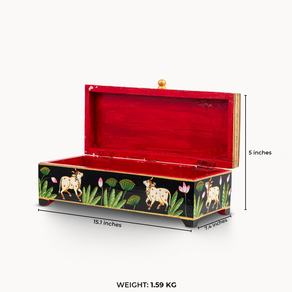 Lacquer Painted Wood Miniature Painted Black Box with Sacred Cow Motif