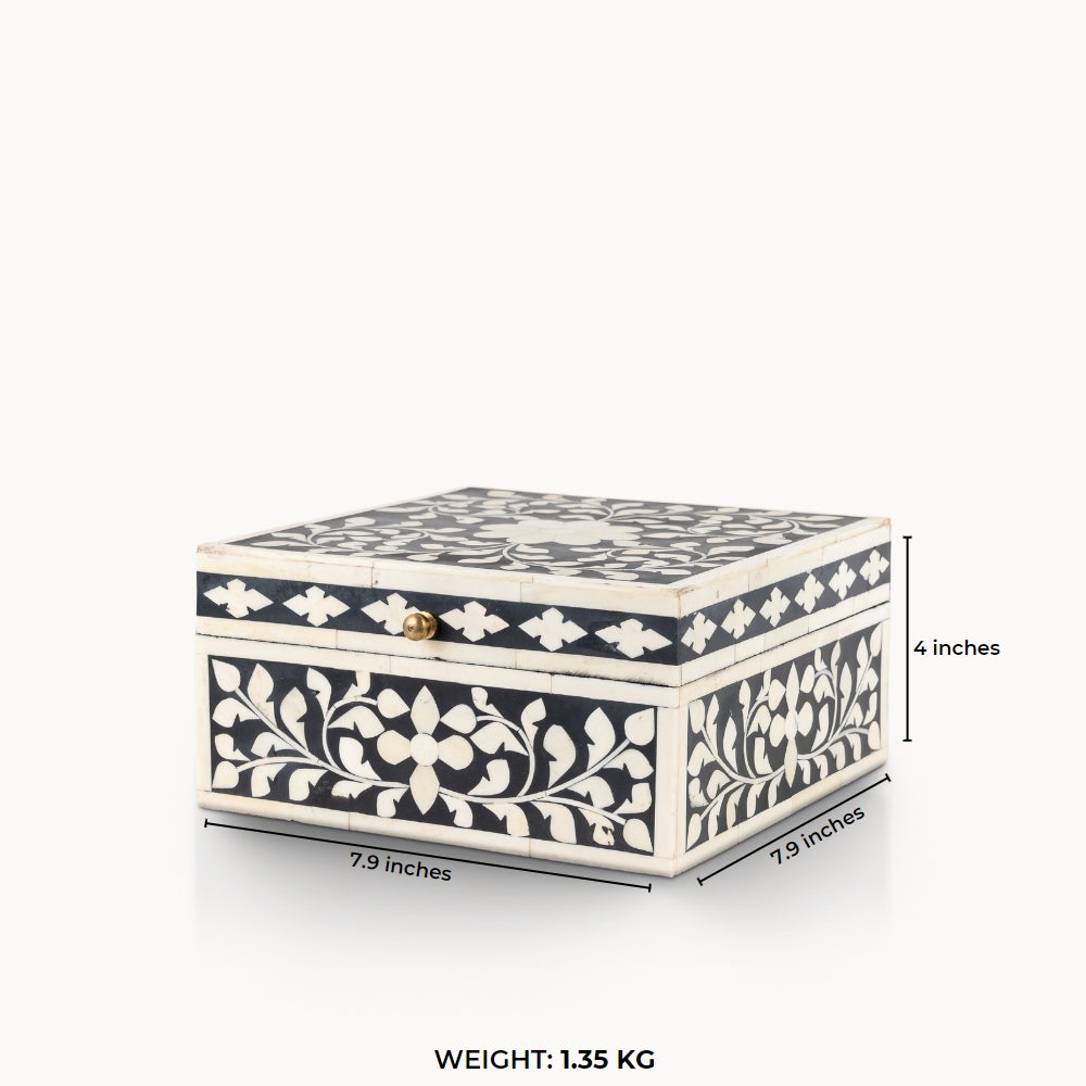 Bone/Resin Composite Square Black and White Floral Inlay Box