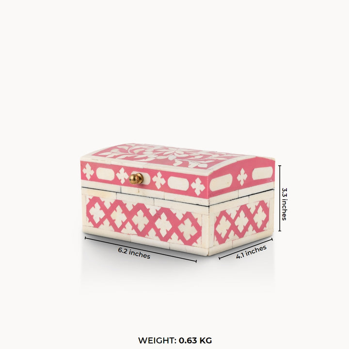 Pink bone inlay box featuring white floral and geometric lattice patterns.