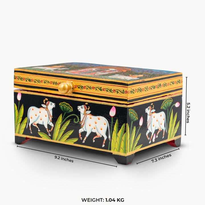 Hand-painted wooden Shrinathji box featuring Pichwai art and sacred cows.