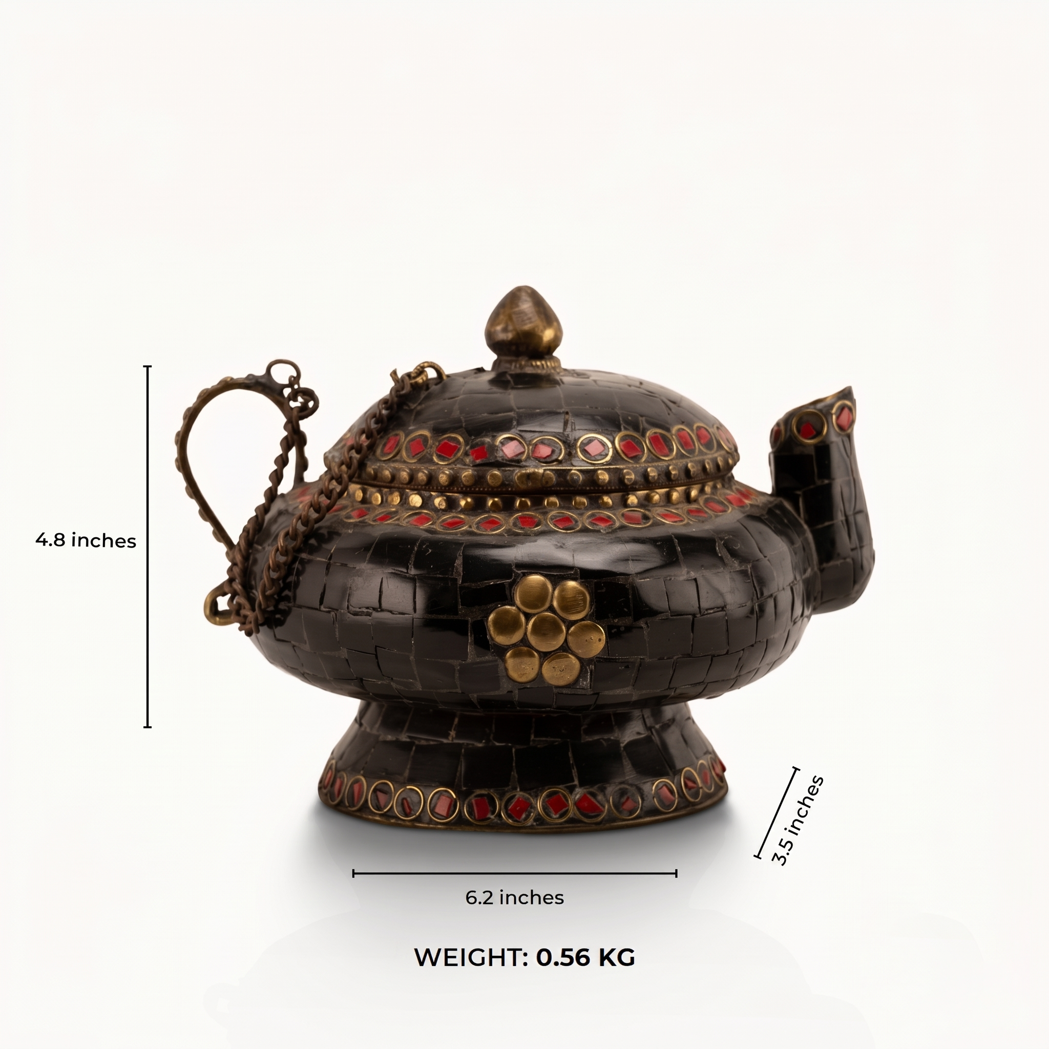 Black Stone Inlay Brass Teapot: The Midnight Mosaic