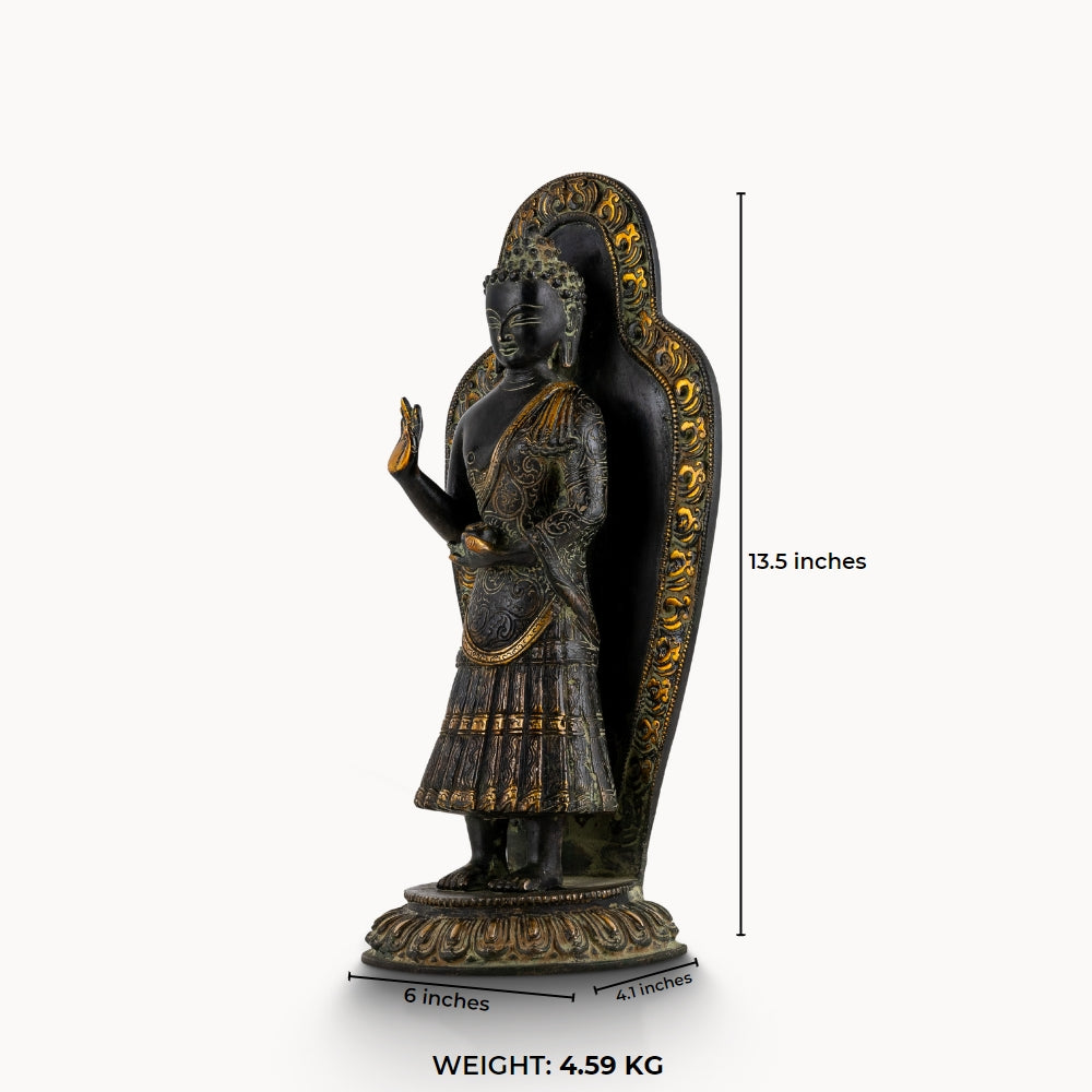 Black brass standing Buddha statue with a detailed mandorla halo.