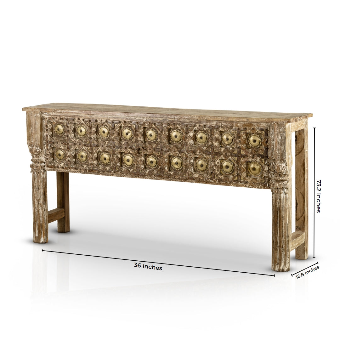 Distressed Wood Rustic Console with Brass Medallions