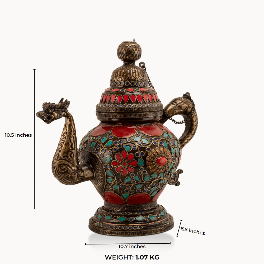 Stone Inlay Brass Dragon Teapot: The Himalayan Mosaic