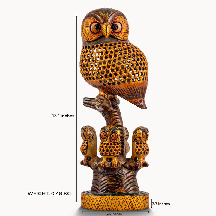 Wooden hand painted owl with family