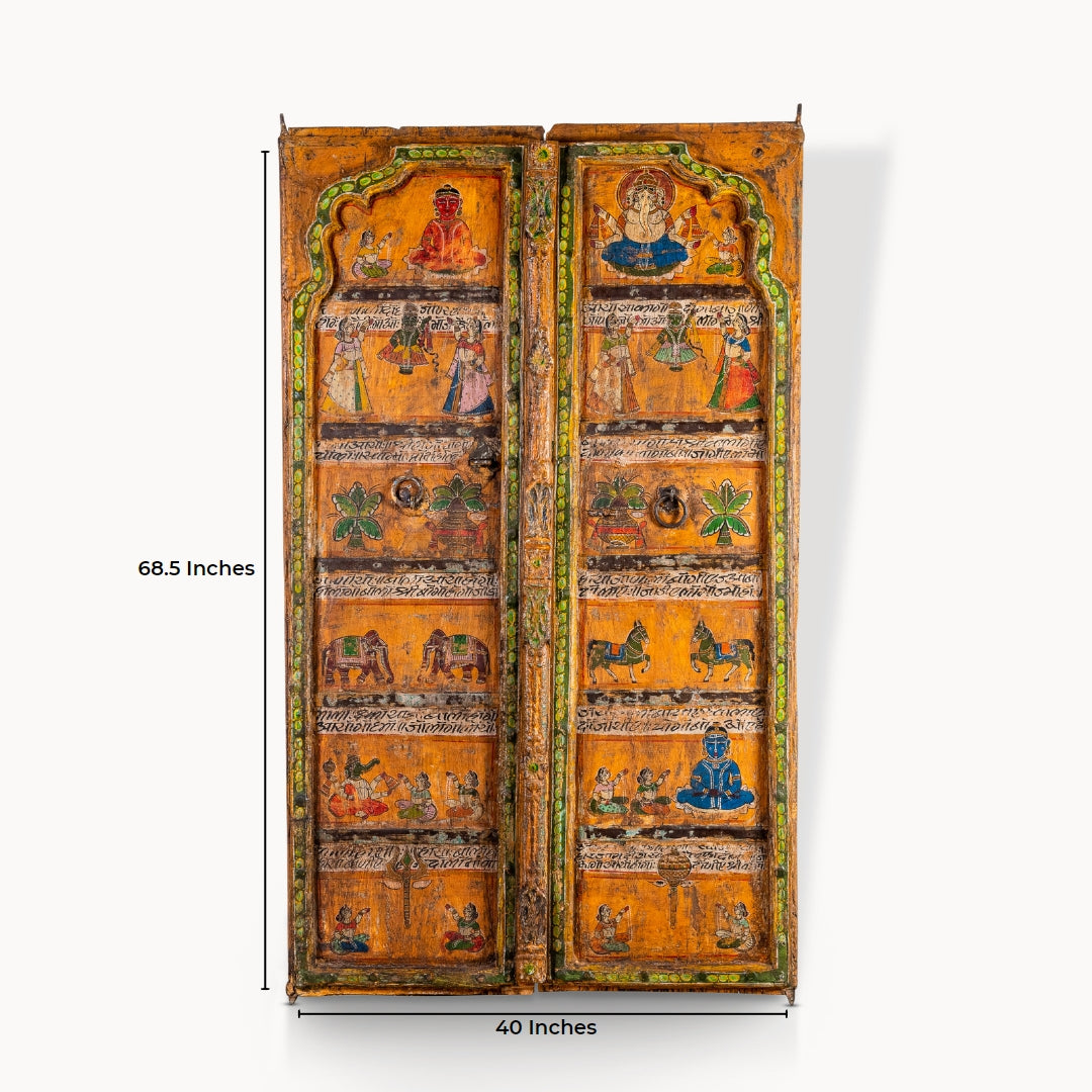 Painted mango wood doors featuring traditional deity murals and distressed iron hardware.