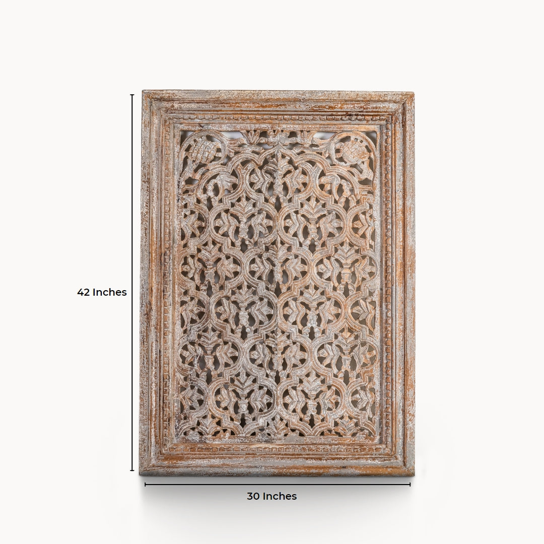 Pierced mango wood jali panel crafted from solid timber with intricate floral carving.