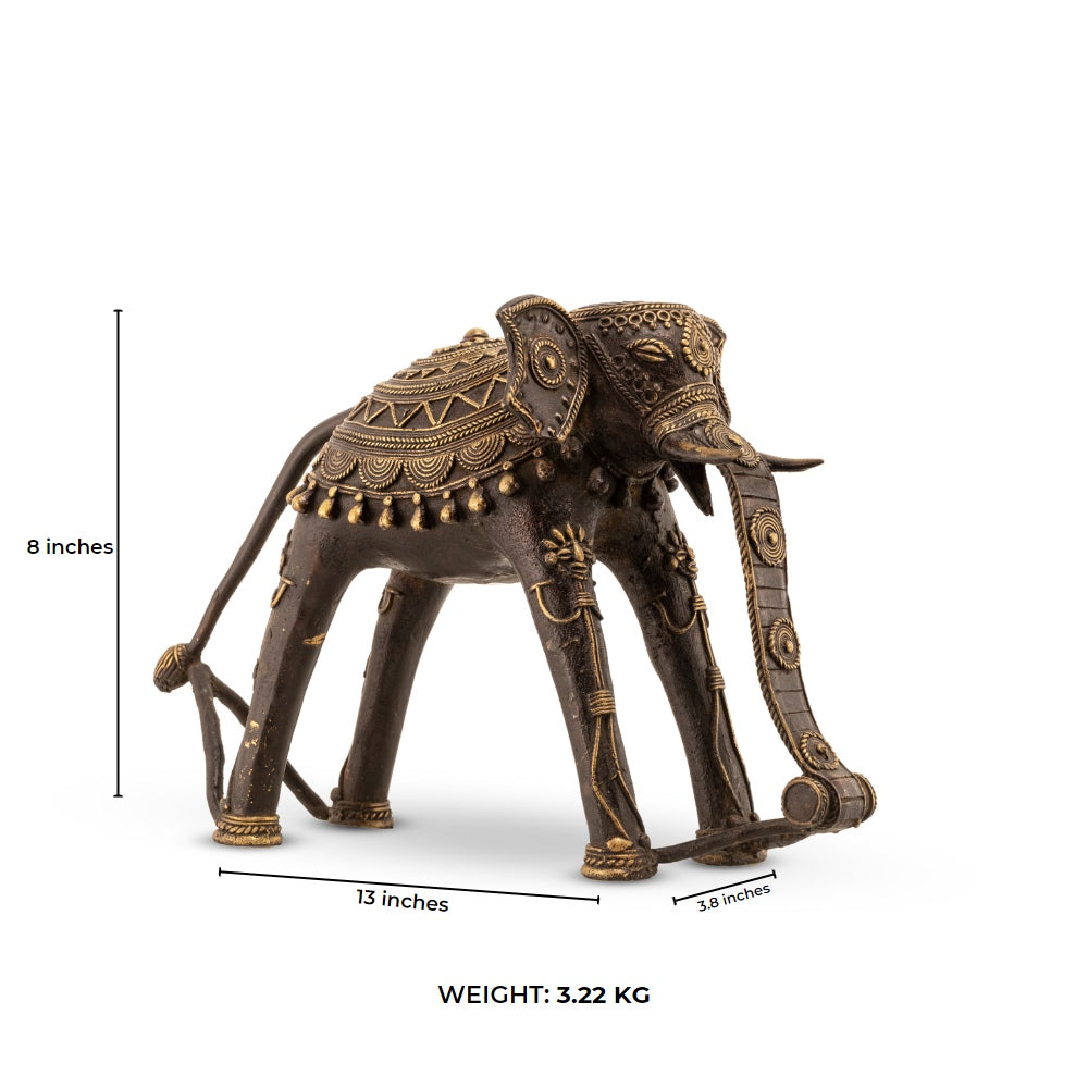Contemporary Indian metal animal figurine with a sweeping curled trunk 