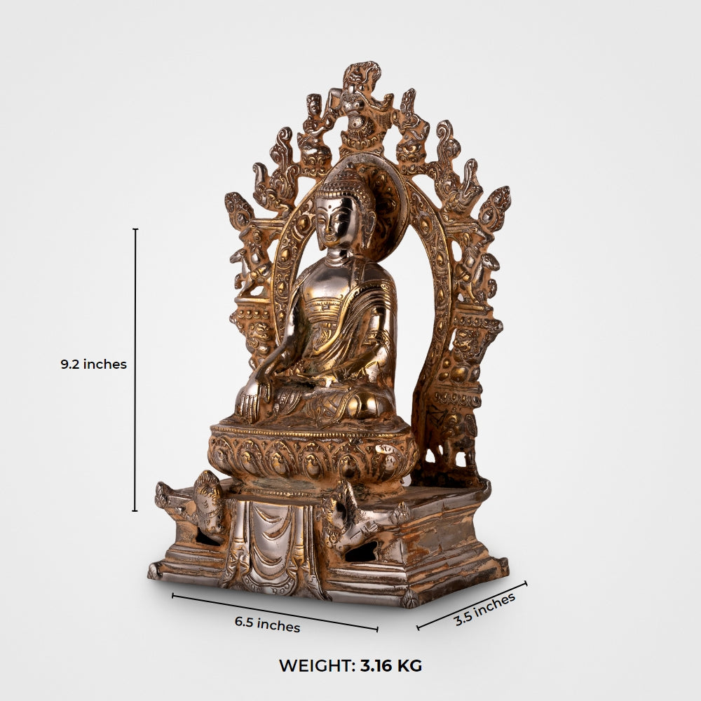 Handcrafted metal enlightened ascetic idol with an antiqued aureole for a meditation room centerpiece or spiritual housewarming gift.