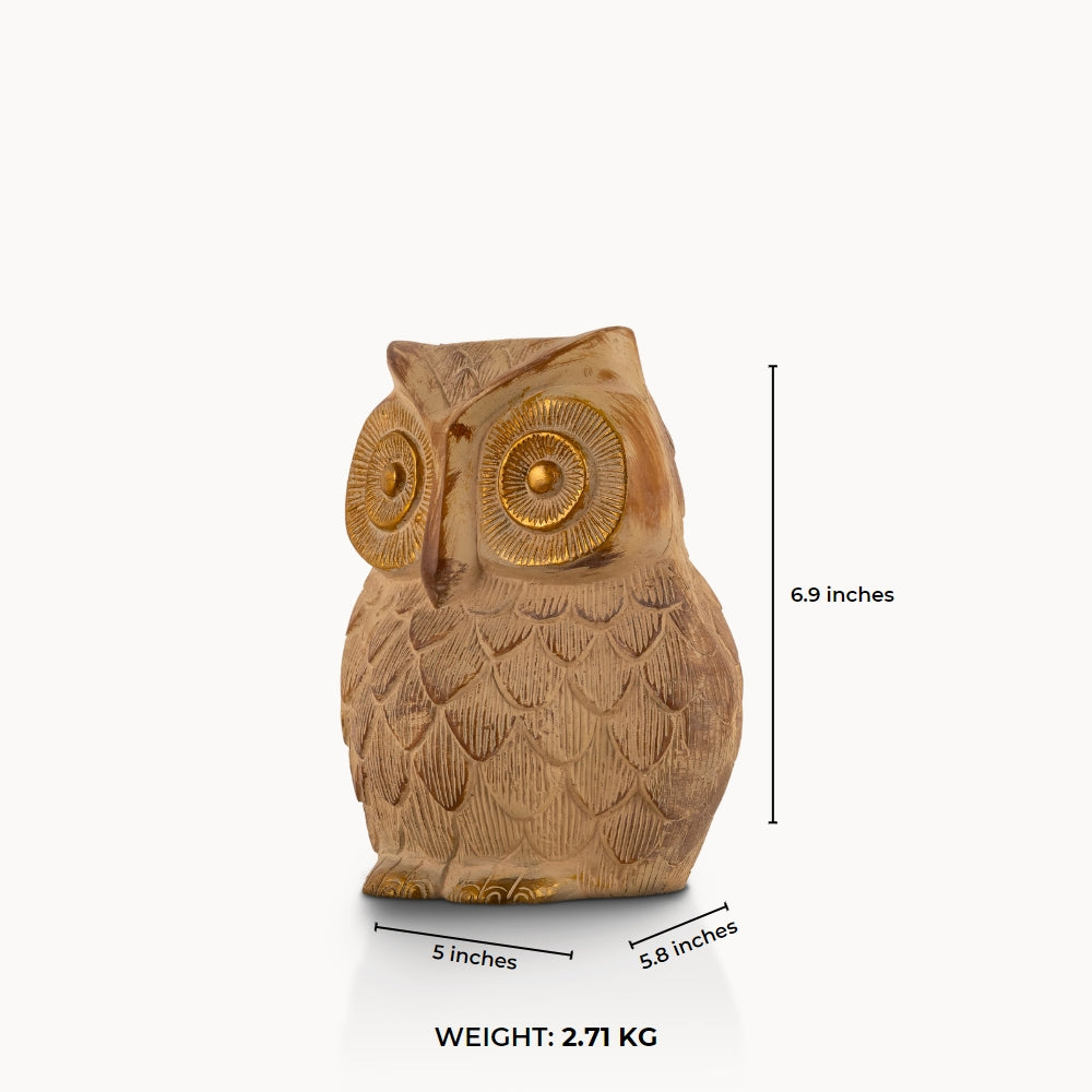 Whitewashed textured owl figurine with gilded eyes and accents