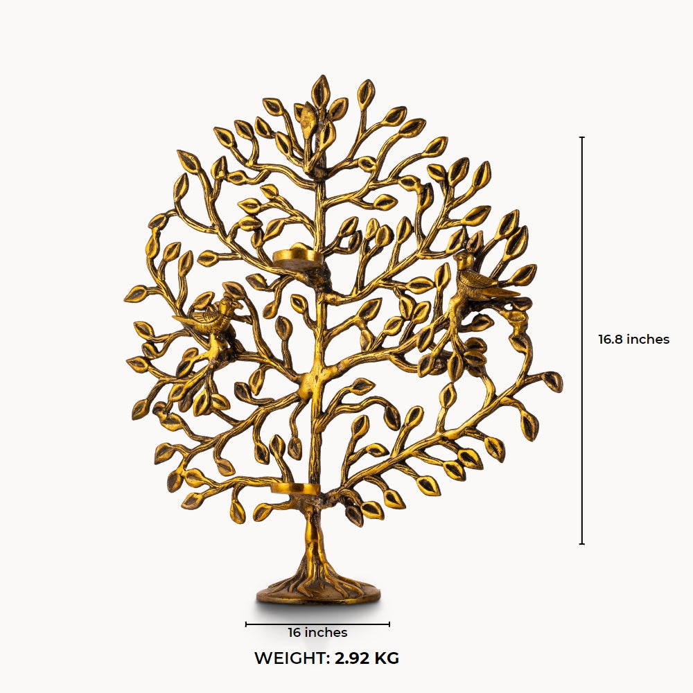 Antique polished brass tree of life sculpture with birds and candelabra