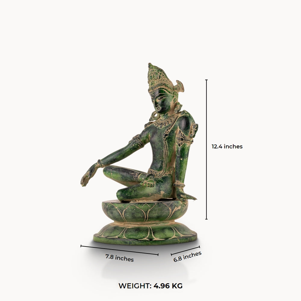Verdigris finish seated bodhisattva or devi on lotus base
